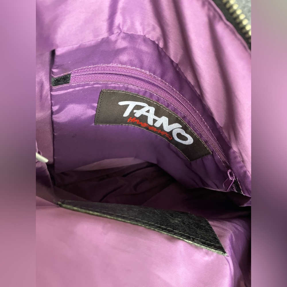 Tano Distressed Black Leather Hobo Bag Many Pockets Double Strap Purple Lining - Picture 7 of 8